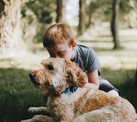 dog and boy laying down in park